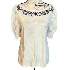 LOFT White Puff Sleeve Embellished Top Smocked Embroidered Size M